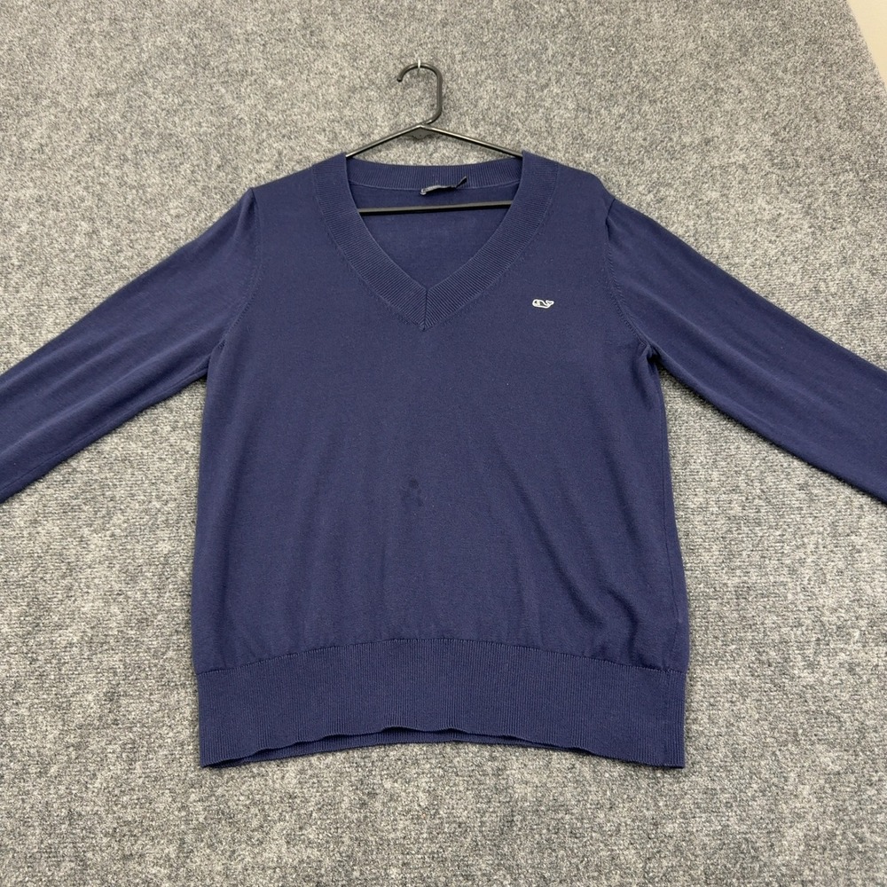 Vineyard Vines Sweater Mens L Navy Blue Cotton V Neck Whale Logo Preppy‎ Classic